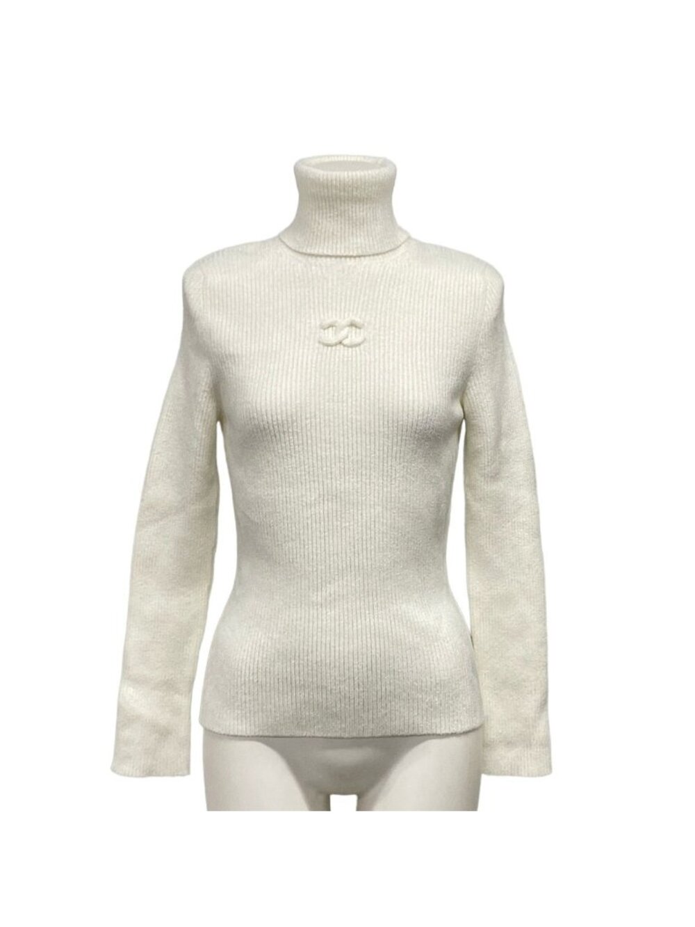 Chanel Long Sleeve Sweater 42 L White Long Turtleneck CC Logo Shoulder